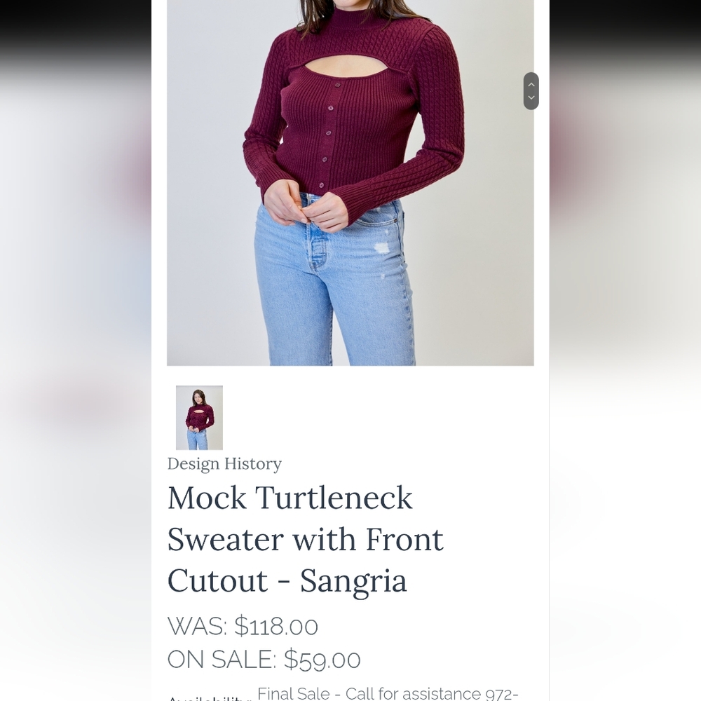 Design History Mock Turtleneck Sweater with Front Cutout - Sangria New - Picture 2 of 9